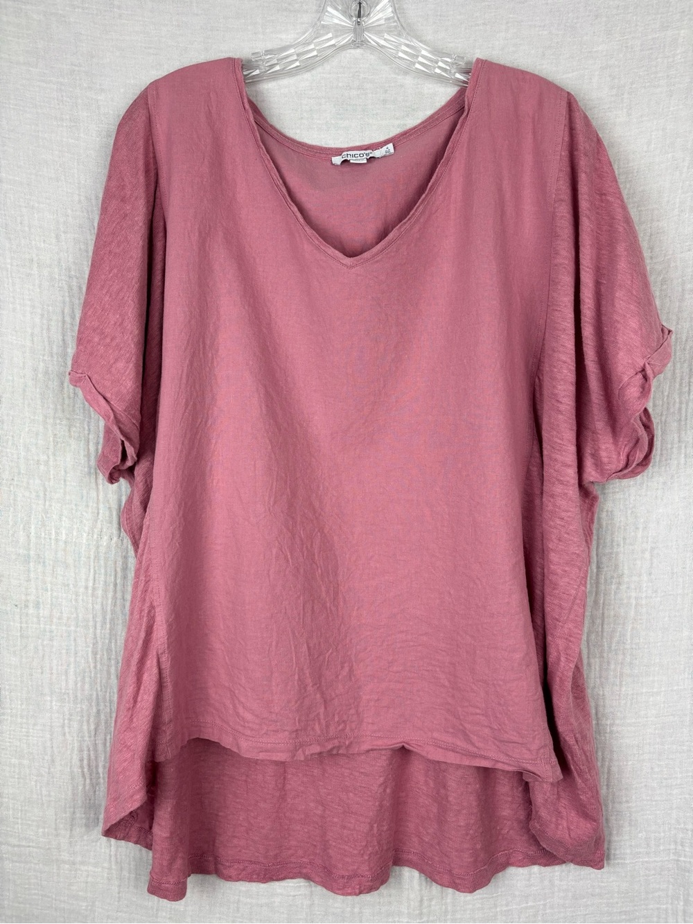 Chico's Pink V-Neck Linen Blend Short Sleeve Oversize Mullet Top XXL